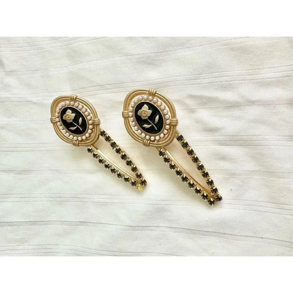 Rose black and gold color hair clip with black rhinestone and pearls